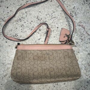 Calvin Klein Tan Monogram Crossbody with Pink Trim
